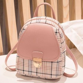 Ladies Check Lock Small Backpack One Shoulder Diagonal Handbag Coin Purse (Color: Pink)