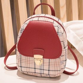 Ladies Check Lock Small Backpack One Shoulder Diagonal Handbag Coin Purse (Color: Red)