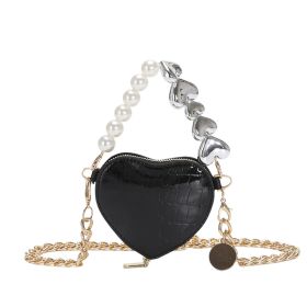 Mini Love-shape Pearls Handbag Fashion Cute Chain Lipstick Bag Women's Bright Candy Color Shoulder Messenger Bag (Color: BLACK)