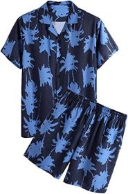 Men's 2 Piece Tracksuits Flower Hawaiian Suits Casual Button Down Short Sleeve Shirts and Shorts (Color: navy, size: M)