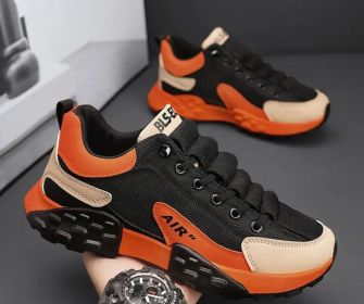 New men's net surface casual sports fashion shoes comfortable all fashion breathable soft soled daddy shoes men's fashion shoes (Color: Black orange, size: 42)