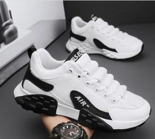 New men's net surface casual sports fashion shoes comfortable all fashion breathable soft soled daddy shoes men's fashion shoes (Color: White and black, size: 42)