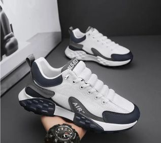 New men's net surface casual sports fashion shoes comfortable all fashion breathable soft soled daddy shoes men's fashion shoes (Color: White and blue, size: 44)