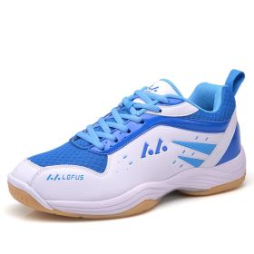 Men's new outdoor professional badminton shoes comfortable breathable fashion men's sports shoes (Color: White and blue, size: 36)