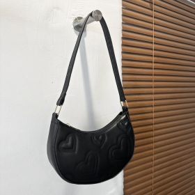 Women's Solid Color Love Embroidered Shoulder Bag (Color: BLACK)